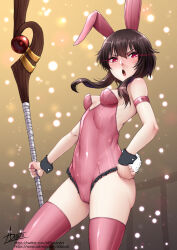Rule 34 | 1girl, :o, adsouto, animal ears, arm strap, blush, breasts, brown hair, fake animal ears, glowing, glowing eyes, hand on own hip, highres, holding, holding staff, kono subarashii sekai ni shukufuku wo!, leotard, looking at viewer, megumin, playboy bunny, rabbit ears, rabbit tail, red eyes, short hair with long locks, signature, small breasts, solo, staff, strapless, strapless leotard, tail, variant set, wrist cuffs