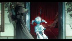 Rule 34 | 1girl, 2boys, absurdres, amon (ff14), arms behind back, bird wings, black capelet, black robe, blue capelet, blue hair, capelet, chinese commentary, commentary request, curtains, danhuang darou zong, day, door, facing away, fandaniel, feathered wings, final fantasy, final fantasy xiv, finger to mouth, from behind, head out of frame, head wings, hermes (ff14), highres, holding, hood, hood down, hood up, hooded capelet, letterboxed, long sleeves, meteion, multiple boys, multiple persona, open door, puffy long sleeves, puffy sleeves, robe, shadow, short hair, shushing, standing, v arms, walking, wings