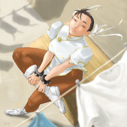 Rule 34 | 1girl, alternate color, brown eyes, brown hair, capcom, china dress, chinese clothes, chun-li, dress, pantyhose, pelvic curtain, sho-sk, sitting, solo, street fighter