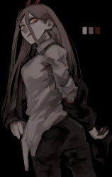 Rule 34 | 1girl, black background, black necktie, breasts, chainsaw man, collared shirt, color guide, cross-shaped pupils, dark background, grey hair, hair between eyes, highres, jacket, jacket partially removed, long bangs, long hair, looking at viewer, looking back, medium breasts, nakano (2 mannaka), necktie, power (chainsaw man), shirt, shirt partially tucked in, simple background, solo, symbol-shaped pupils, white shirt, yellow eyes
