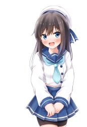 Rule 34 | 1girl, asashio (kancolle), bad id, bad twitter id, bike shorts, black hair, blue eyes, blue neckerchief, blue ribbon, blue sailor collar, blue skirt, buttons, comiching, commentary request, cosplay, etorofu (kancolle), etorofu (kancolle) (cosplay), gloves, hat, highres, kantai collection, long hair, long sleeves, looking at viewer, navel, neckerchief, open mouth, pleated skirt, ribbon, sailor collar, sailor hat, school uniform, serafuku, shorts, shorts under skirt, simple background, skirt, smile, solo, standing, white background, white gloves, white hat