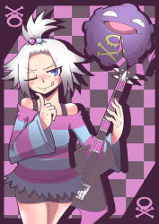 Rule 34 | 10s, 1girl, blue eyes, creatures (company), detached sleeves, fangs, freckles, game freak, gen 1 pokemon, guitar, gym leader, hair bobbles, hair ornament, instrument, kiri, koffing, nintendo, one eye closed, pokemon, pokemon (creature), pokemon bw2, roxie (pokemon), shirt, short hair, shorts, smile, striped clothes, striped shirt, tongue, tongue out, topknot, white hair, wink