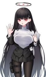 Rule 34 | 1girl, 28 (282teeth), black hair, black pantyhose, black skirt, blazer, blue archive, breast press, breasts, hair ornament, hairclip, halo, highres, jacket, large breasts, long hair, looking at viewer, pantyhose, red eyes, rio (blue archive), simple background, skirt, solo, standing, sweater, very long hair, watch, white background, white sweater