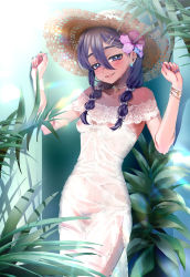 Rule 34 | 1girl, absurdres, blush, breasts, choker, dress, earrings, female focus, female pubic hair, flower, hair ornament, hairclip, hat, hibiscus, highres, jewelry, lace, nail polish, nikubou maranoshin, nipples, plant, pubic hair, pussy, see-through, small breasts, smile, solo