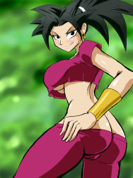 Rule 34 | 10s, 1girl, armband, ass, black eyes, blush, bracelet, breasts, butt crack, cleft of venus, clothes pull, crop top, darm engine, dragon ball, dragon ball super, earrings, from below, green sky, high ponytail, hip focus, jewelry, kefla (dragon ball), large breasts, licking lips, pants, pants pull, parted bangs, ponytail, potara earrings, saiyan, seductive smile, smile, solo, spiked hair, standing, thighs, tongue, tongue out, underboob, undressing, vambraces