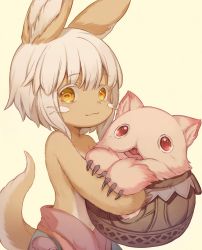Rule 34 | 1girl, 1other, animal ears, brown eyes, choke (amamarin), claws, furry, highres, holding, made in abyss, mitty (made in abyss), nanachi (made in abyss), other focus, pot, rabbit ears, red eyes, short hair, tail, whiskers, white hair