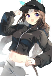 Rule 34 | :d, animal ears, arm up, baseball cap, black hat, black jacket, braid, breasts, brown hair, commentary request, cropped jacket, ears through headwear, hand on headwear, hand on own hip, hat, highres, hokko tarumae (boc&#039;z) (umamusume), hokko tarumae (umamusume), horse ears, horse girl, horse tail, jacket, long sleeves, low twintails, medium breasts, meyamu, midriff, multicolored hair, navel, open mouth, pants, puffy long sleeves, puffy sleeves, purple eyes, simple background, sleeves past wrists, smile, tail, twin braids, twintails, two-tone hair, umamusume, white background, white hair, white pants