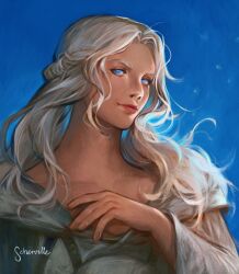 Rule 34 | 1girl, artist name, blue background, blue eyes, braid, collarbone, commentary, english commentary, final fantasy, final fantasy xiv, half updo, hand on own chest, hand up, highres, hood, hood down, long hair, looking at viewer, portrait, realistic, scherville, signature, single braid, smile, solo, venat (ff14), wavy hair, white hair