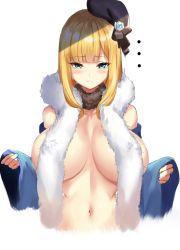 Rule 34 | 1girl, aged up, alternate breast size, beret, blonde hair, blue eyes, blunt bangs, blush, breasts, closed mouth, fate (series), feather boa, hat, highres, large breasts, long hair, looking at viewer, lord el-melloi ii case files, navel, open clothes, reines el-melloi archisorte, solo, spider apple, upper body, wide sleeves