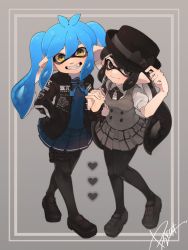Rule 34 | 2girls, adjusting clothes, adjusting headwear, artist name, black eyes, black footwear, black hair, black headwear, black jacket, black legwear, black neckwear, blue hair, blue neckwear, blue shirt, blue skirt, bow, brown eyes, closed mouth, collared shirt, commentary, english commentary, fangs, grey background, grey skirt, grey vest, grin, hand in pocket, hat, hat bow, head tilt, heart, highres, holding hands, inkling, inkling girl, inkling player character, interlocked fingers, jacket, leaning forward, loafers, long hair, looking at viewer, miniskirt, multiple girls, neck ribbon, nintendo, open clothes, open jacket, pantyhose, pleated skirt, pointy ears, prat rat, print skirt, puffy short sleeves, puffy sleeves, ribbon, school uniform, shirt, shoes, short sleeves, sidelocks, simple background, single horizontal stripe, skirt, smile, splatoon (series), splatoon 2, standing, tentacle hair, twintails, vest, white shirt