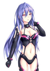 Rule 34 | 1girl, adjusting hair, ahoge, bare shoulders, black gloves, blue hair, breasts, cleavage, clenched hand, cowboy shot, earrings, elbow gloves, female focus, gloves, hair between eyes, hand up, heart, highres, iris heart, jewelry, large breasts, long hair, looking at viewer, midriff, muwa12, navel, neck, neptune (series), pururut, red eyes, revealing clothes, simple background, solo, standing, symbol-shaped pupils, very long hair, white background