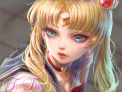 Rule 34 | 1girl, bishoujo senshi sailor moon, blue sailor collar, breasts, choker, circlet, cleavage, commentary, crescent, crescent earrings, derivative work, diadem, earrings, eyelashes, fufu, hair ornament, hair over shoulder, heart, heart choker, highres, jewelry, long hair, looking away, meme, parted bangs, parted lips, red choker, sailor collar, sailor moon, sailor moon redraw challenge (meme), sailor senshi uniform, screenshot redraw, solo, tsukino usagi, twintails, upper body