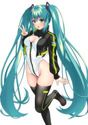 Rule 34 | 1girl, absurdres, black jacket, black thighhighs, blue eyes, blue hair, breasts, cleavage, cleavage cutout, clothing cutout, commentary request, hatsune miku, hero-c-164, highres, jacket, long hair, medium breasts, one-piece swimsuit, solo, swimsuit, thighhighs, twintails, v, very long hair, vocaloid, white background, white one-piece swimsuit