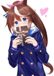 Rule 34 | 1girl, animal ears, blue coat, blue eyes, blush, bow, box, breath, brown hair, buttons, coat, covering own mouth, double-breasted, dusu (htkj), gift, gift box, hair bow, heart, highres, holding, holding gift, horse ears, horse girl, long hair, long sleeves, looking at viewer, multicolored hair, scarf, school uniform, simple background, solo, streaked hair, tokai teio (umamusume), tracen school uniform, tracen winter coat, umamusume, upper body, valentine, white background