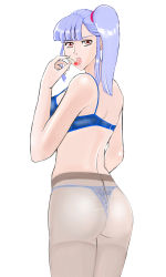 Rule 34 | 1girl, ass, back, backboob, bare shoulders, bra, breasts, cherry, food, from behind, fruit, gundam, gundam zz, light purple hair, long hair, looking at viewer, momio, open mouth, panties, panties under pantyhose, pantyhose, red eyes, roux louka, standing, thong, tongue, tongue out, underwear