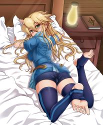 Rule 34 | 1girl, absurdres, artist request, ass, bed, blonde hair, blush, breasts, cameltoe, clarissa arwin, feet, female focus, fingernails, from behind, green eyes, highres, large breasts, long fingernails, long hair, looking at viewer, looking back, sharp fingernails, shiny clothes, shiny skin, shirt, sideboob, sidelocks, skirt, soles, solo, thighhighs, toeless legwear, toes, wild arms, wild arms xf