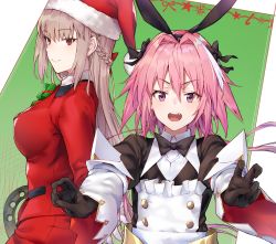 Rule 34 | 1boy, astolfo (fate), astolfo (saber) (fate), astolfo (saber) (third ascension) (fate), black bow, black cola, black gloves, black ribbon, blush, bow, bowtie, braid, breasts, commentary request, fate/grand order, fate (series), florence nightingale (fate), florence nightingale (santa) (fate), gloves, hair bow, hair intakes, hair ribbon, hat, heart, heart-shaped pupils, highres, jacket, large breasts, long hair, long sleeves, looking at viewer, multicolored hair, pink hair, purple eyes, red jacket, ribbon, santa hat, smile, streaked hair, symbol-shaped pupils, trap, twintails, white hair