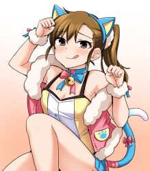 Rule 34 | 1girl, absurdres, animal ears, bare shoulders, bell, blue hairband, blush, breasts, brown eyes, brown hair, cat ears, cat tail, choker, cleavage, collarbone, dot nose, fake animal ears, fake tail, footprints, fur-trimmed jacket, fur trim, futami mami, gradient background, hair ornament, hair scrunchie, hairband, highres, idolmaster, idolmaster (classic), idolmaster million live!, idolmaster million live! theater days, jacket, jingle bell, knee up, koubashiifuna, light brown background, long hair, looking at viewer, medium breasts, neck bell, off shoulder, open clothes, open jacket, paw pose, pink jacket, pink ribbon, ribbon, ribbon choker, scrunchie, shirt, side ponytail, simple background, sleeveless, sleeveless jacket, sleeveless shirt, smile, solo, tail, tail ornament, tail ribbon, tongue, tongue out, two-tone ribbon, white scrunchie, wrist scrunchie, yellow shirt
