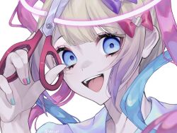 Rule 34 | 1girl, :d, blonde hair, blue eyes, blue hair, blue nails, bow, chouzetsusaikawa tenshi-chan, commentary request, cutting, hair bow, halo, hand up, highres, holding, holding scissors, long hair, looking at viewer, multicolored hair, nail polish, needy girl overdose, open mouth, pink bow, pink hair, pink halo, pink nails, purple bow, scissors, shioka shio, simple background, smile, solo, upper body, white background