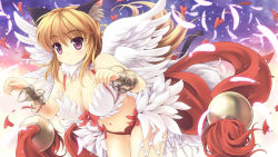 Rule 34 | 1girl, angel wings, animal ear fluff, animal ears, bangle, bikini, blonde hair, blush, bow, bra, bracelet, bracer, breasts, cat ears, cat tail, closed mouth, commentary request, cowboy shot, eyes visible through hair, feathered wings, feathers, hair between eyes, heart, jewelry, kdc (koineko), large breasts, leaning forward, long hair, looking at viewer, paw pose, purple eyes, ragnarok online, red bikini, red bow, smile, solo, standing, swimsuit, tail, underwear, wanderer (ragnarok online), white bra, white feathers, wings