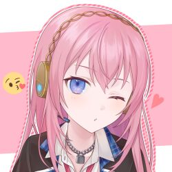 Rule 34 | 1girl, blue eyes, blush, chain, chain necklace, collared shirt, emoji, head tilt, headphones, headset, heart, highres, jacket, jewelry, leo/need (project sekai), leo/need luka, lock, long hair, looking at viewer, megurine luka, necklace, one eye closed, parted lips, pink hair, project sekai, shirt, solo, vocaloid, vs0mr