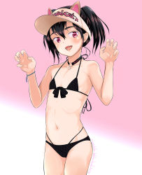 Rule 34 | 1girl, animal ears, bikini, black bikini, black hair, cat ears, claw pose, clothes writing, commentary, cowboy shot, curled fingers, fang, female focus, fingernails, flat chest, front-tie top, gradient background, hairband, highres, long fingernails, long hair, looking at viewer, mayafufu, open mouth, original, pink background, red eyes, simple background, solo, standing, swimsuit, symbol-only commentary, teeth, tongue, twintails, upper body