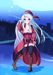 Rule 34 | 1girl, breasts, christmas, commentary request, cross, cross necklace, dress, full body, glasses, hat, hayate no gotoku!, highres, jewelry, large breasts, long hair, looking at viewer, makimura shiori, necklace, night, niyadepa, purple eyes, red dress, santa costume, santa hat, smile, solo, standing