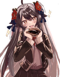 Rule 34 | 1girl, :d, alternate costume, baba kirika, blazer, blush, bow, bowtie, bright pupils, brown hair, brown jacket, brown skirt, chocolate, commentary request, dorayaki, fang, flower, food, genshin impact, hair flower, hair ornament, holding, holding food, hu tao (genshin impact), jacket, long hair, long sleeves, looking at viewer, open clothes, open jacket, open mouth, orange eyes, red bow, red bowtie, red flower, simple background, skin fang, skirt, smile, solo, sweater vest, tassel, tassel hair ornament, twintails, upper body, wagashi, white background