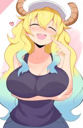 Rule 34 | 1girl, :d, ^ ^, arm under breasts, bare arms, blonde hair, blue hair, breasts, closed eyes, collarbone, closed eyes, gradient hair, hat, heart, highres, horns, jellcaps, kobayashi-san chi no maidragon, large breasts, lucoa (maidragon), multicolored hair, open mouth, sidelocks, smile, solo, tank top, upper body
