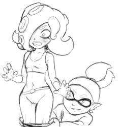 Rule 34 | 1boy, 1girl, assisted exposure, bottomless, embarrassed, inkling player character, monochrome, nintendo, pantsing, pussy, simple background, splatoon (series), uncensored