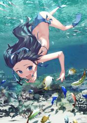 Rule 34 | 1girl, absurdres, ass, bikini, black hair, blue bikini, blue eyes, diving mask, diving mask on head, fins, fish, flippers, freediving, goggles, goggles on head, highres, long hair, open mouth, original, snorkel, solo, swimsuit, underwater, xkirara39x