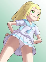 Rule 34 | 1girl, blonde hair, blush stickers, cowboy shot, creatures (company), crotch, eyebrows, female focus, from below, game freak, gradient background, green background, green eyes, hands on own hips, highres, kusashige, legs apart, lillie (pokemon), long hair, nintendo, panties, pleated skirt, pokemon, pokemon sm, ponytail, pout, shirt, simple background, skirt, solo, standing, thighs, underwear, upskirt, white panties