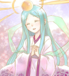 Rule 34 | 1girl, :d, ^ ^, amaterasu (p&amp;d), aqua hair, closed eyes, gradient background, hagoromo, interlocked fingers, japanese clothes, long hair, long sleeves, lotus (elico), open mouth, own hands clasped, own hands together, puzzle &amp; dragons, shawl, smile, solo, sun, upper body, very long hair, wide sleeves