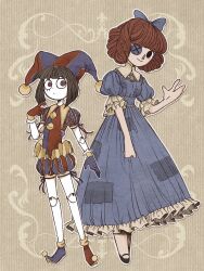 Rule 34 | 2girls, aida (aidacamelia0516), asymmetrical gloves, black eyes, blue bow, blue dress, blue footwear, blue gloves, bow, brown hair, button eyes, buttons, closed mouth, doll joints, dress, frilled dress, frilled sleeves, frills, full body, gloves, hair bow, hat, highres, jester, jester cap, joints, medium hair, mismatched gloves, multiple girls, pointy footwear, pomni (the amazing digital circus), puffy short sleeves, puffy sleeves, ragatha (the amazing digital circus), red footwear, red gloves, red hair, shoes, short hair, short sleeves, smile, the amazing digital circus