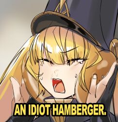 Rule 34 | &gt;:(, 1girl, absurdres, black coat, black gloves, black headwear, blonde hair, bread, bread bun, closed eyes, coat, commentary, controlline3, counter:side, crying, english text, food, gloves, gold trim, hat, hell&#039;s kitchen, highres, holding, holding food, idiot sandwich (meme), long hair, luna (counter:side), meme, open mouth, partially fingerless gloves, sketch, snot, solo focus, tearing up, tears, twintails, upper body, v-shaped eyebrows