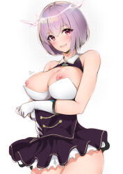 Rule 34 | 1girl, bare arms, black dress, blush, breasts, collared dress, commentary request, dermar, dress, gloves, gridman universe, gridman universe (film), hair between eyes, highres, looking at viewer, medium breasts, nipples, open mouth, purple hair, red eyes, shinjou akane, short hair, simple background, smile, solo, ssss.gridman, standing, white background, white gloves