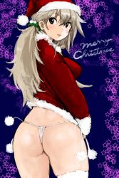 Rule 34 | 1girl, ass, bad id, bad twitter id, blue hair, brown hair, from behind, hat, inactive account, jpeg artifacts, looking back, low twintails, no pants, original, panties, ponsuke (pon00000), santa hat, smile, solo, string panties, thighhighs, thong, twintails, underwear, white panties