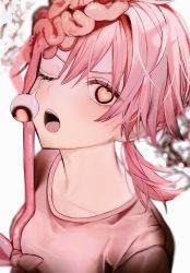 Rule 34 | 1girl, aaaan tot, chainsaw man, cosmo (chainsaw man), exposed brain, eyeball, hair ribbon, heart, heart-shaped pupils, highres, long hair, looking at viewer, open mouth, pink hair, pink shirt, ribbon, shirt, simple background, solo, symbol-shaped pupils, white background