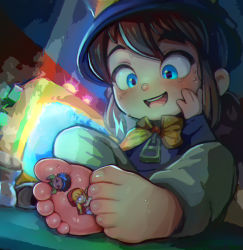 Rule 34 | 3girls, :d, a hat in time, barefoot, blue eyes, bow kid, brown hair, commission, facial hair, feet, foot focus, hand on own cheek, hand on own face, hat, hat kid, multiple girls, mustache, mustache girl, open mouth, purinsoul, restrained, second-party source, sitting, size difference, smile, soles, sweat, toes, top hat, zipper pull tab