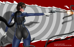 Rule 34 | 1girl, artist name, ass, bodysuit, brown hair, commentary, english commentary, firing, gloves, gun, handgun, holding, holding gun, holding weapon, john reith, looking to the side, mask, niijima makoto, persona, persona 5, red eyes, revolver, shadow, short hair, shoulder spikes, spikes, thighs, weapon, white gloves
