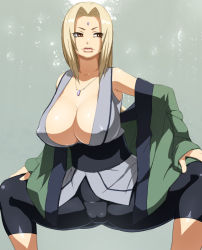 Rule 34 | 1girl, bare shoulders, blonde hair, breasts, brown eyes, cameltoe, cleavage, hands on own knees, huge breasts, jewelry, lips, long hair, naruto, naruto (series), necklace, otoi rekomaru, puckered lips, solo, squatting, tsunade (naruto)