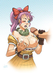 Rule 34 | 1girl, belt, blue eyes, blush, breasts, breasts out, bulma, checkered background, cum, cum on body, cum on breasts, cum on upper body, dragon ball, ejaculation, facial, gloves, hair ornament, handjob, large breasts, long hair, nipples, no bra, nopeavi, open mouth, penis, ponytail, purple hair, scarf, skirt, standing, uncensored, wince