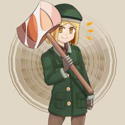 Rule 34 | 1girl, axe, blonde hair, cowboy shot, fate/grand order, fate (series), gloves, gradient ray, hat, jacket, looking at viewer, pantyhose, paul bunyan (fate), short hair, smile, solo, weapon, yellow eyes
