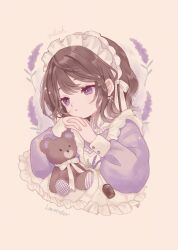 Rule 34 | 1girl, artist name, brown hair, cropped torso, dress, english text, flower, frilled dress, frills, highres, long sleeves, maid, maid headdress, medium hair, milcah, mole, mole under eye, original, purple dress, purple eyes, purple flower, signature, simple background, solo, sparkle, sparkling eyes, stuffed animal, stuffed toy, teddy bear, upper body, white background, white headdress