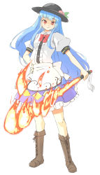 Rule 34 | 1girl, arnest, black hat, blue hair, blue skirt, blush, boots, brown footwear, buttons, center frills, closed mouth, collared shirt, frilled skirt, frills, hat, highres, hinanawi tenshi, holding, holding sword, holding weapon, knee boots, long hair, puffy short sleeves, puffy sleeves, red eyes, shirt, short sleeves, simple background, skirt, smile, solo, sword, sword of hisou, touhou, weapon, white background, white shirt