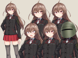 Rule 34 | 1girl, :3, ahoge, black jacket, blush, brown hair, closed mouth, collared shirt, dress shirt, fang, grey background, grey thighhighs, hair between eyes, hand on own hip, helm, helmet, highres, jacket, long hair, long sleeves, multiple views, neck ribbon, nose blush, open mouth, original, pleated skirt, red eyes, red ribbon, red skirt, ribbon, russian text, school uniform, shirt, simple background, skirt, smile, tears, thighhighs, translation request, very long hair, white shirt, yakob labo