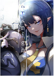 Rule 34 | 1girl, :d, absurdres, arknights, black gloves, blue eyes, blue hair, breasts, copyright name, detached collar, earrings, fingerless gloves, gloves, gourd, highres, index finger raised, jewelry, large breasts, ling (arknights), liuyun baihua, looking at viewer, necktie, open mouth, parted lips, pointy ears, smile, solo, upper body, yellow necktie