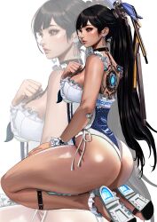 Rule 34 | 1girl, ass, black hair, blunt bangs, blush, breasts, brown eyes, earrings, eve (stellar blade), frilled one-piece swimsuit, frills, highres, jewelry, kittymiya, lips, long hair, medium breasts, one-piece swimsuit, ponytail, solo, stellar blade, swimsuit, thick thighs, thighs, very long hair