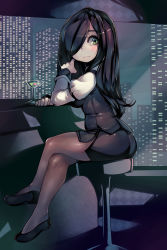 Rule 34 | 1girl, absurdres, aria wintermint, bar (place), black footwear, black hair, black pantyhose, black skirt, building, city, cloud, cloudy sky, cocktail glass, commission, crossed legs, cup, drinking glass, formal, green eyes, hair over one eye, highres, indoors, juliet sleeves, lips, long hair, long sleeves, looking at viewer, looking back, night, nose, olive, pantyhose, parororo, pencil skirt, photoshop (medium), puffy sleeves, revision, shoes, sitting, skirt, skirt suit, sky, skyscraper, solo, suit, the crawling city