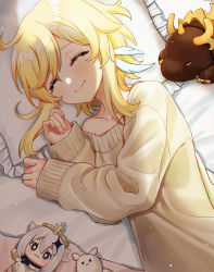 Rule 34 | 1girl, ^ ^, absurdres, alternate costume, bed sheet, beige sweater, blonde hair, casual, character doll, closed eyes, collarbone, commentary request, contemporary, dodoco (genshin impact), feather hair ornament, feathers, genshin impact, hair between eyes, hair ornament, highres, hue oo, long sleeves, lumine (genshin impact), lying, off shoulder, on side, paimon (genshin impact), pillow, rex lapis (genshin impact), shade, short hair, short hair with long locks, sidelocks, sleeping, smile, solo, stuffed animal, stuffed toy